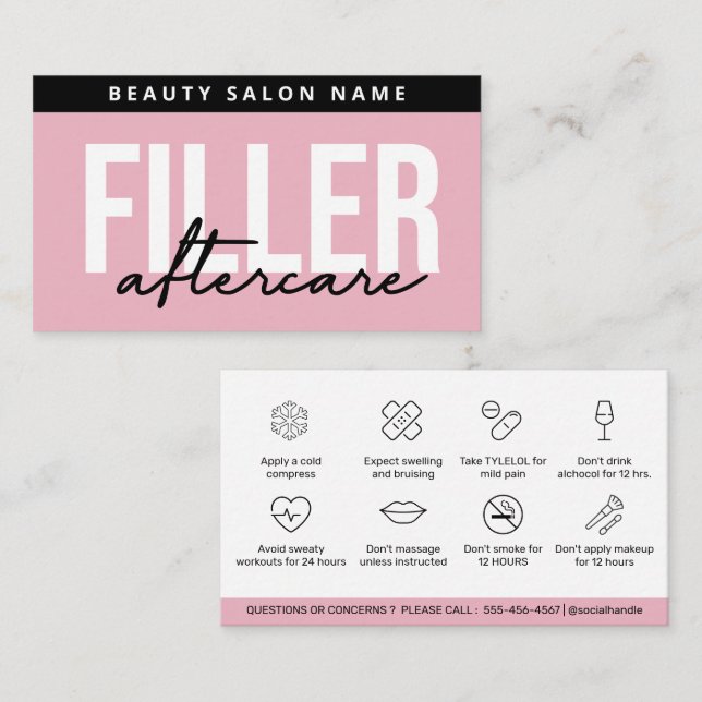 Carte De Visite Guide de soins après-compléments Pink Glam Moderne (Devant / Derrière)