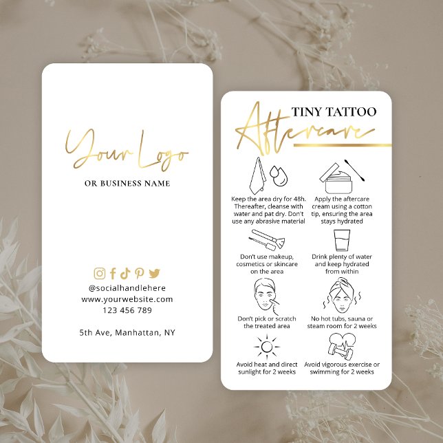 Carte De Visite Guide de soins postérieurs au tatouage minuscule É (White and faux gold Tiny Tattoo aftercare cards with icons & space for your logo)