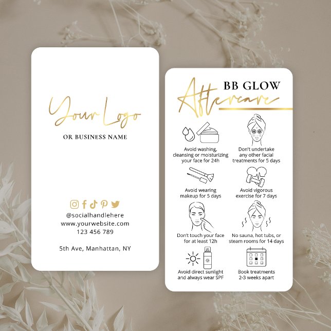 Carte De Visite Guide de soins postérieurs au visage brillant BB P (Elegant BB Glow Facial aftercare cards with faux gold effects & space for your logo)