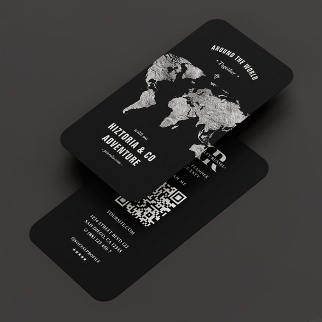 Carte De Visite Guide d'excursion des planificateurs de voyage Bla (Travel Planner Tour Guide Black Silver World Map Business Card
)