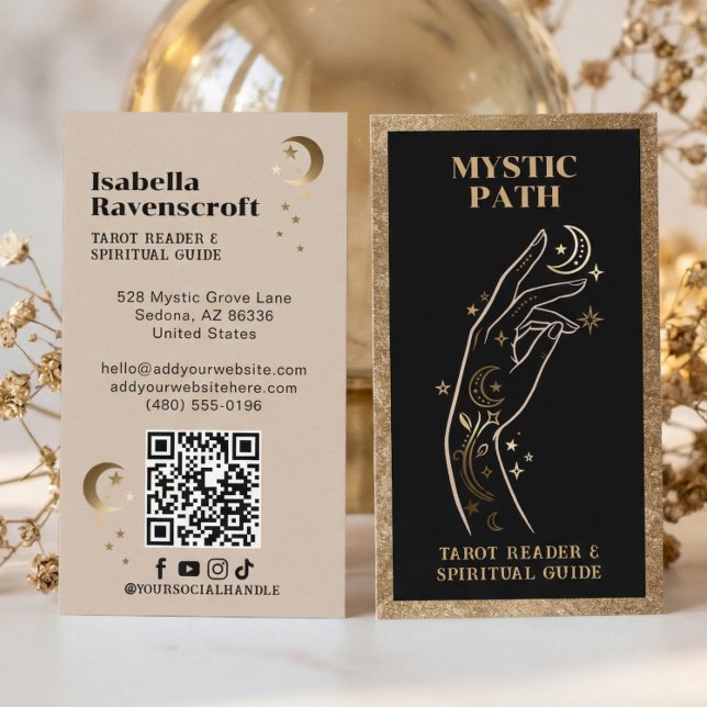 Carte De Visite Guide Spirituel Tarot Main Céleste Noir Or (Celestial Hand Tarot Spiritual Guide Black Gold Business Card)