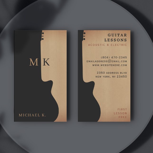 Carte De Visite Guitar Silhouette Tan Wood Monogram Guitarist (Créateur téléchargé)