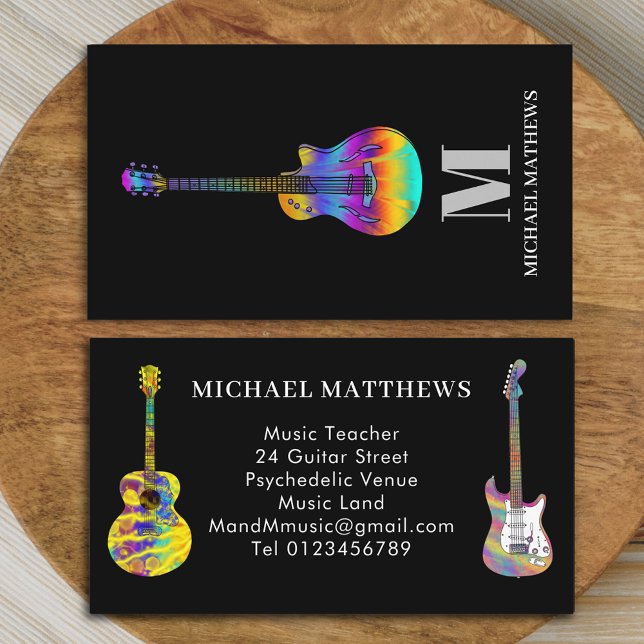 Carte De Visite Guitare enseignant musicien Monogramme (Modern professional guitar teacher Business card Electric semi acoustic guitars simple minimalist )