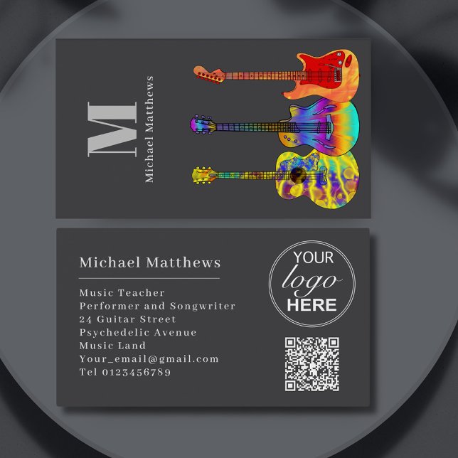 Carte De Visite Guitare enseignant musicien personnalisé QR Code e (Gray guitar teacher custom qr code and logo business card)
