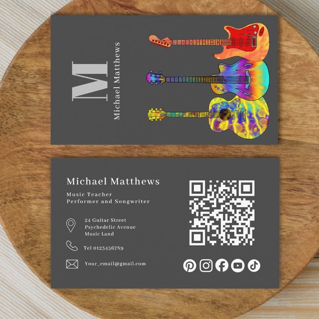 Carte De Visite Guitare Enseignant QR Code et médias sociaux (Modern guitar music teacher professional musician qr code social media Business card Charcoal gray )