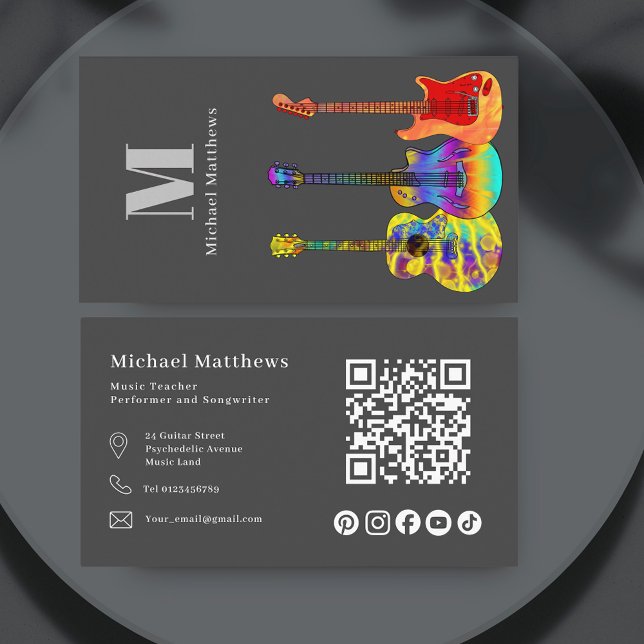 Carte De Visite Guitare Enseignant QR Code et médias sociaux (Modern guitar teacher website qr code social media custom gray business card)