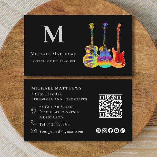 Carte De Visite Guitare Enseignant QR Code Médias sociaux (Modern guitar teacher qr code and social media custom business card)