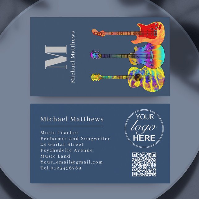 Carte De Visite Guitare Music Enseignant personnalisé QR Code et l (Modern guitar music teacher musician Logo and QR code custom business card)