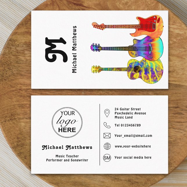 Carte De Visite Guitare Music Professeur Logo Personnalisé Social  (Modern guitar teacher professional musician logo social media Business card retro groovy typography )