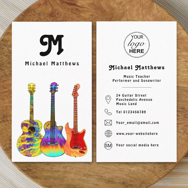 Carte De Visite Guitare Music Professeur Logo Personnalisé Social  (Retro Modern guitar music tutor professional musician logo Business card Colorful guitar art)