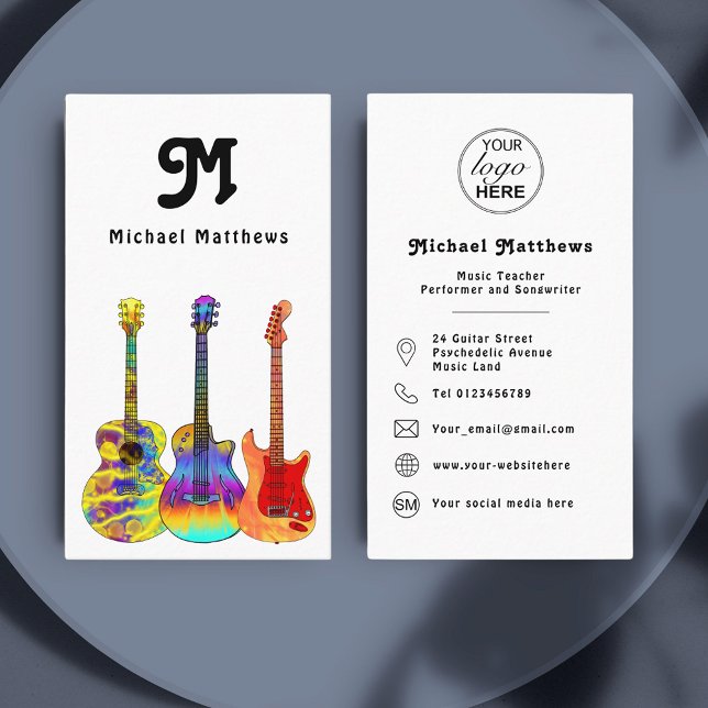 Carte De Visite Guitare Music Professeur Logo Personnalisé Social  (Retro guitar music teacher custom business card with social media )