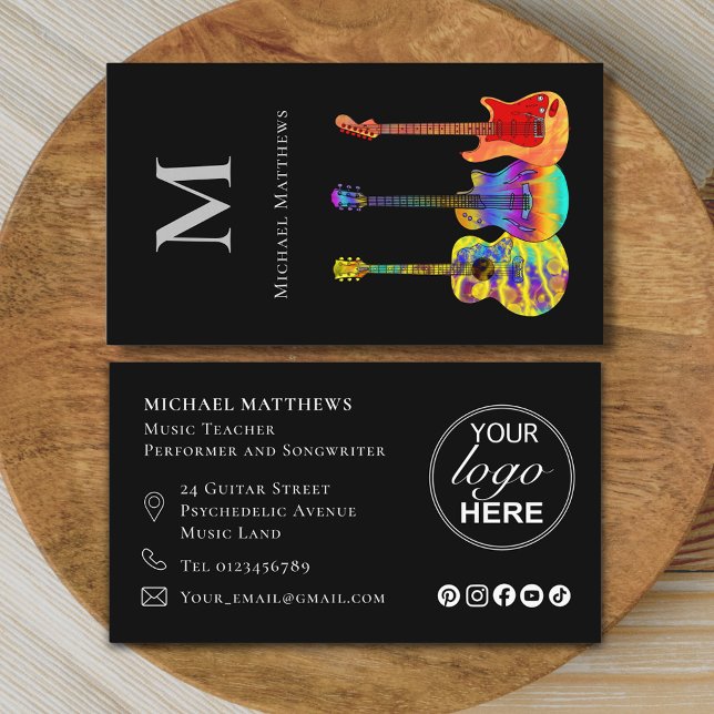 Carte De Visite Guitare Music Tutor Logo personnalisé et médias so (Modern guitar music teacher professional musician logo social media Business card colorful guitars)