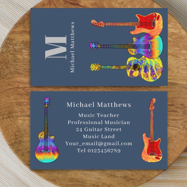 Carte De Visite Guitare Musique enseignant Monogramme Personnalisé (Modern guitar music teacher professional musician blue Business card Colorful guitar art)