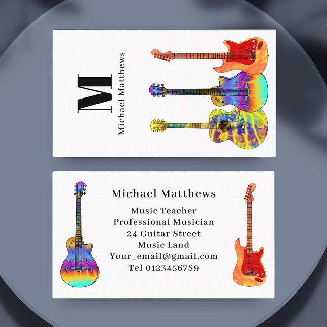 Carte De Visite Guitare Musique enseignant Monogramme personnalisé (Modern colorful guitar music teacher musician custom business card)