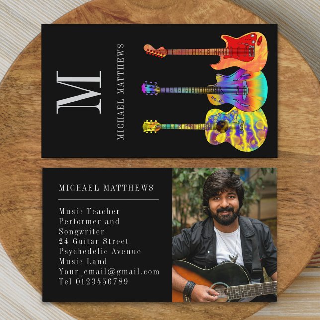 Carte De Visite Guitare Musique Enseignant Photo personnalisée (Modern guitar music teacher professional musician photo Business card Colorful guitar art)