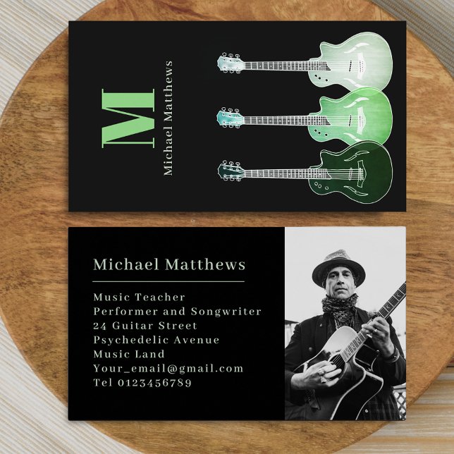 Carte De Visite Guitare Musique Enseignant Photo personnalisée (Modern guitar music teacher professional musician photo Business card Green and black guitar art)