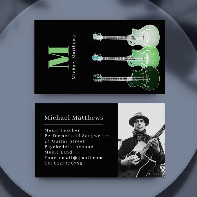 Carte De Visite Guitare Musique Enseignant Photo personnalisée (Cool guitar music teacher musician photo custom business card black and green)