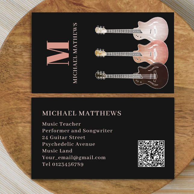 Carte De Visite Guitare Professional Musicien Personnalisé QR Code (Modern guitar teacher professional musician qr code Business card Rustic country music electric )
