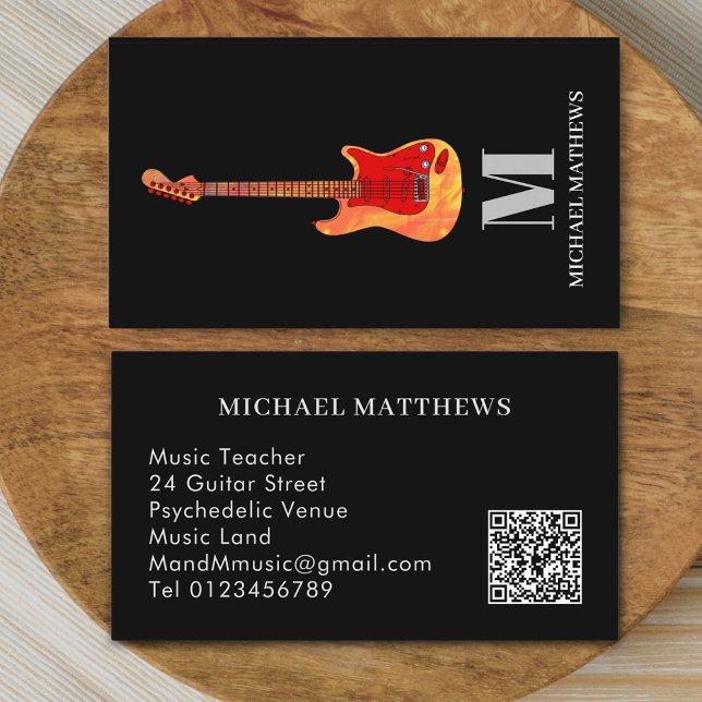 Carte De Visite Guitare Professional Musicien Personnalisé QR Code (Modern professional musician guitar music teacher qr code Business card minimalist stylish )