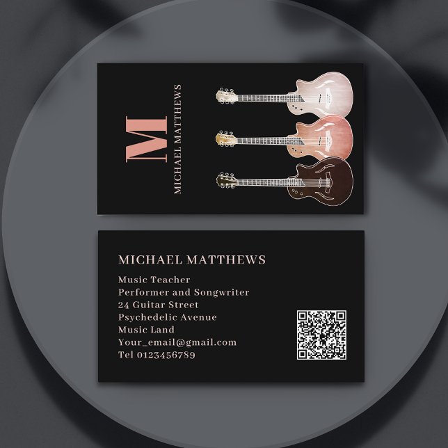 Carte De Visite Guitare Professional Musicien Personnalisé QR Code (Guitar music teacher songwriter professional business card)