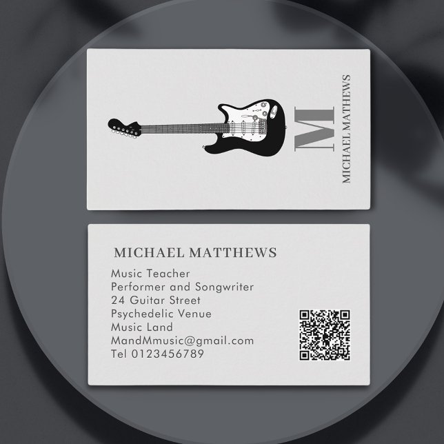 Carte De Visite Guitare Songwriter Musicien Personnalisé Q R Code (Professional Music teacher performer songwriter black and white guitar gray qr code business card)