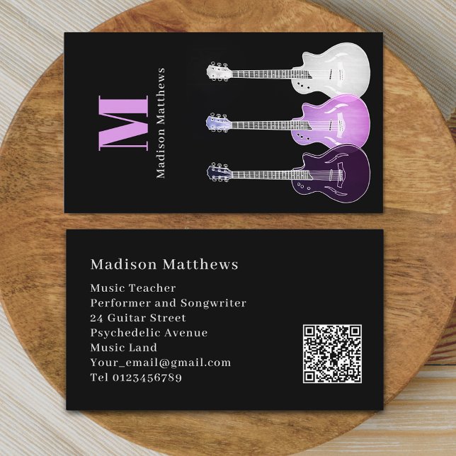 Carte De Visite Guitare Teacher Musicien Personnalisé QR Code (Modern guitar music teacher professional musician qr code black pink Business card Female guitarist)