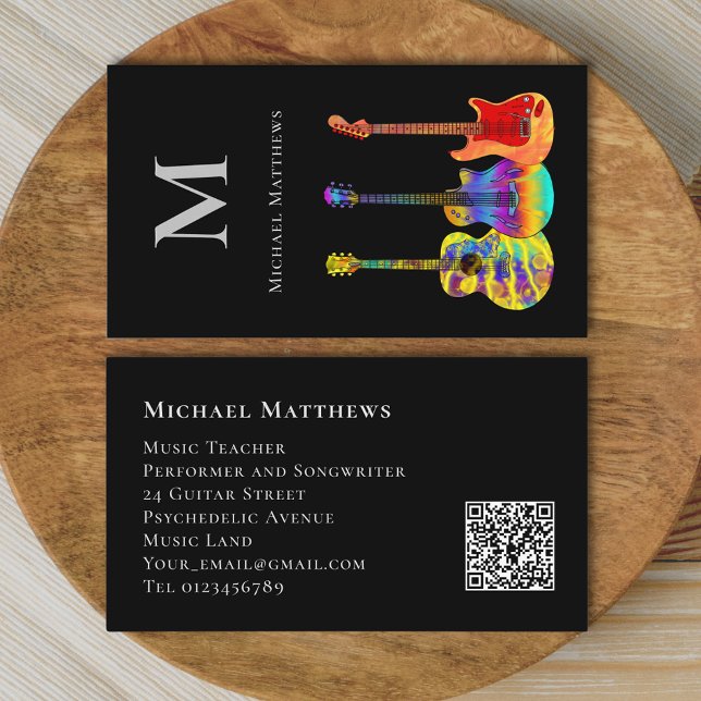 Carte De Visite Guitare Teacher Musicien Personnalisé QR Code (Elegant Guitar music teacher qr code custom business card)