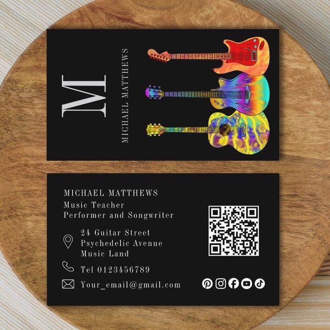 Carte De Visite Guitare Tutor Musicien personnalisé QR Code Social (Modern guitar teacher musician qr code and social media custom business card)