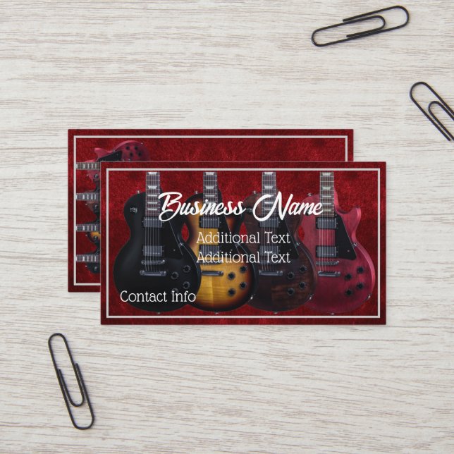 Carte De Visite Guitares Électriques Rouges (Devant/Arrière en situation)