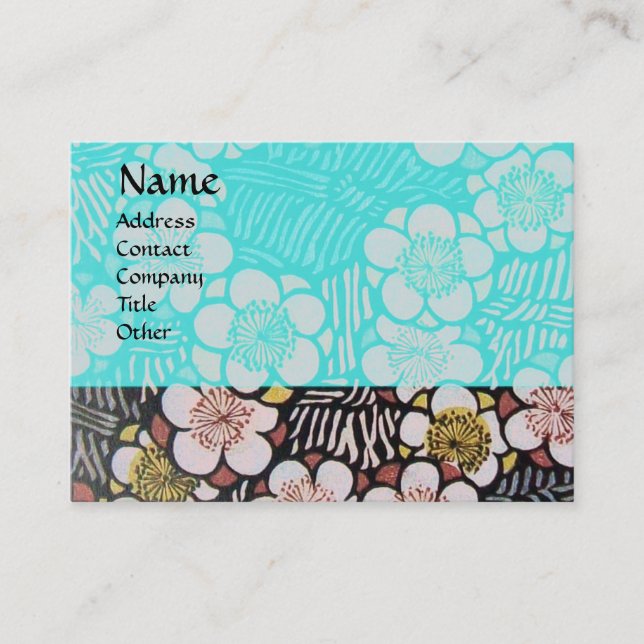 CARTE DE VISITE HAÏKU / NOIR BLANC BLEU TURQUOISE FLEURS DE PRINTE (Devant)