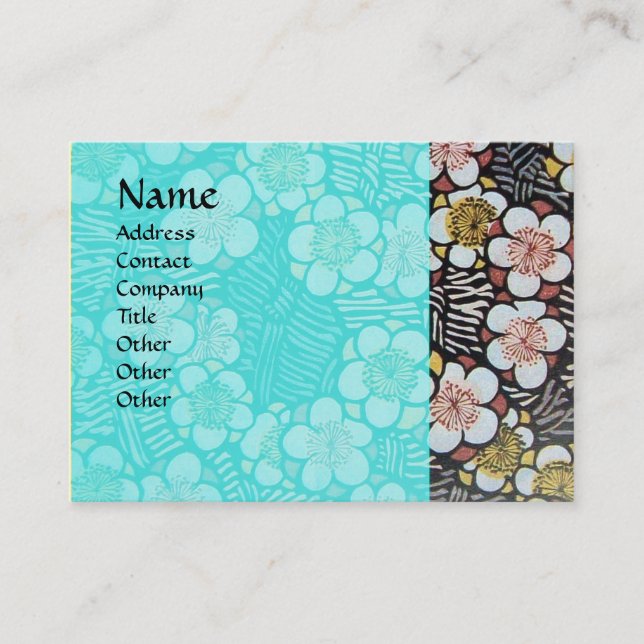CARTE DE VISITE HAÏKU / NOIR BLANC BLEU TURQUOISE FLEURS DE PRINTE (Devant)