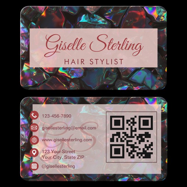 Carte De Visite Hair Stylist Black Opal QR Code (Créateur téléchargé)