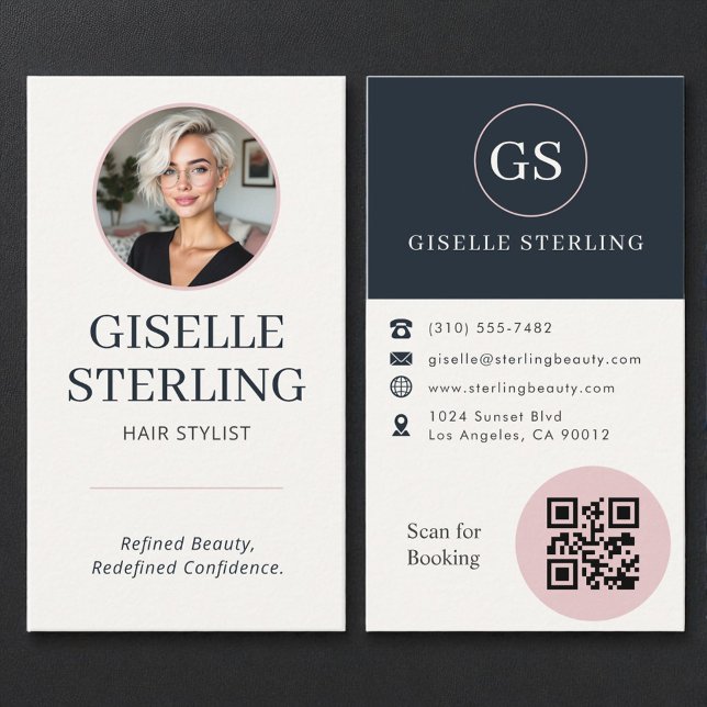 Carte De Visite Hair Stylist Blush & Navy Photo QR Code  (Créateur téléchargé)