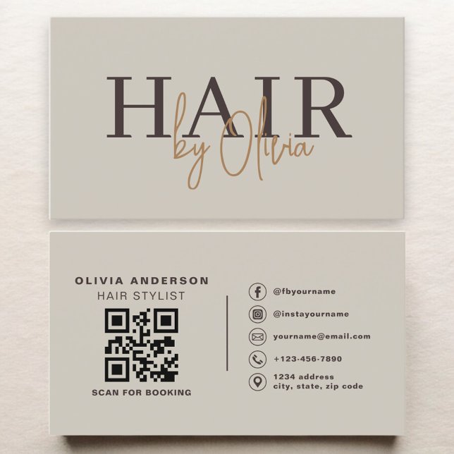 Carte De Visite Hair Stylist Modern Neutral QR Code  (Créateur téléchargé)