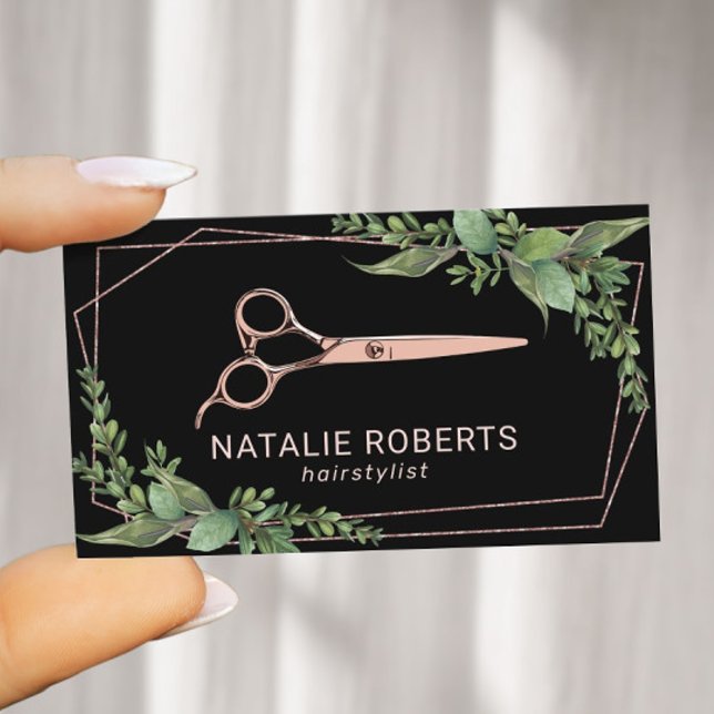 Carte De Visite Hair Stylist Rose Gold Scissor Geometric Greenery (Créateur téléchargé)