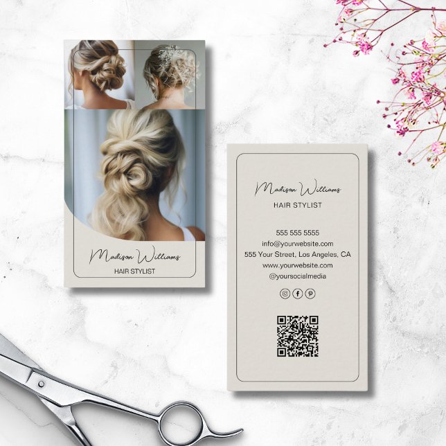 Carte De Visite Hair Stylist Salon Custom 3 Photos QR Code (Hair Stylist Salon Custom 3 Photos QR Code Business Card)