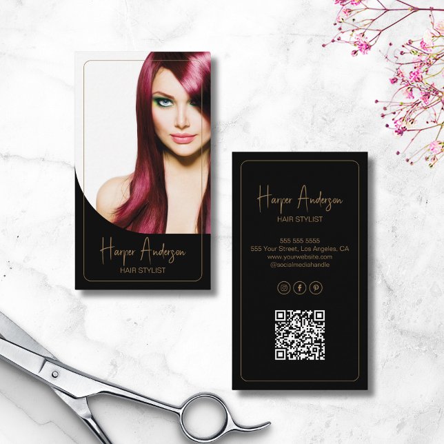 Carte De Visite Hair Stylist Salon Custom Photo QR Black Gold (Hair Stylist Salon Custom Photo QR Black Gold Business Card)