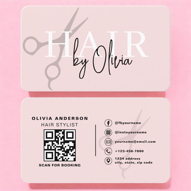 Carte De Visite Hair Stylist Scissors Blush Pink QR Code  (Créateur téléchargé)