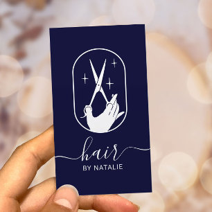 Carte De Visite Hair Styliste Ciseau & Logo à la main Marine Blue