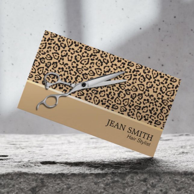 Carte De Visite Hair Styliste Ciseau Moderne Beige Leopard Salon (Créateur téléchargé)