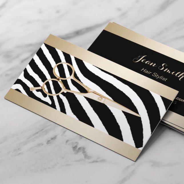 Carte De Visite Hair Styliste Gold Ciseau Classé Zebra Stripes (Créateur téléchargé)