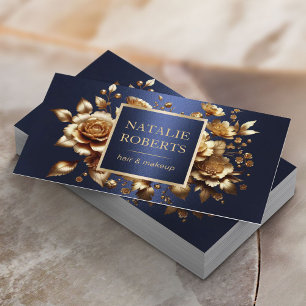 Carte De Visite Hair Styliste Luxe Gold 3D Floral Navy Blue Salon