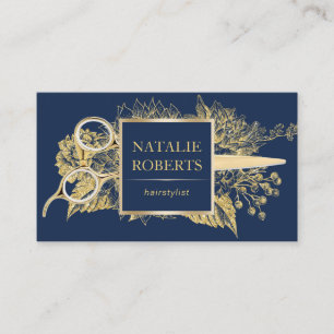 Carte De Visite Hair Styliste Marine & Gold Floral Beauty Salon