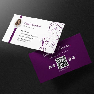 Carte De Visite Hairstyliste moderne élégant Photo Purple QR Code