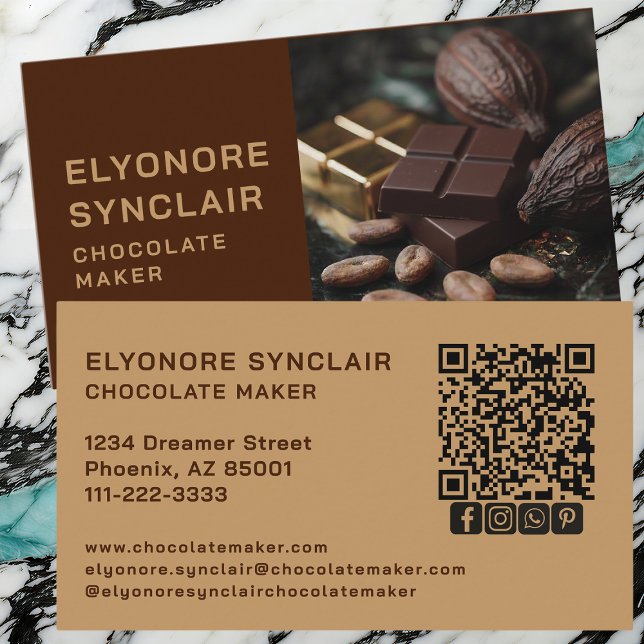 Carte De Visite Half Photo Brown Caramel Chocolate Maker Social QR (Créateur téléchargé)