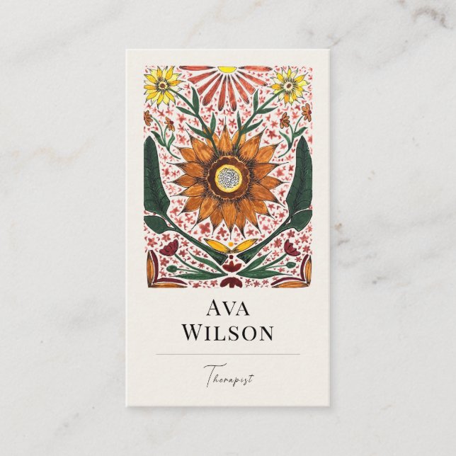 Carte De Visite Hand Painted Symmetrical Orange and Green Florals (Devant)