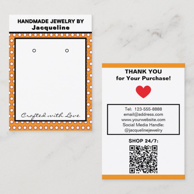 Carte De Visite Handmade Earrings Orange White Polka Dots (Devant / Derrière)