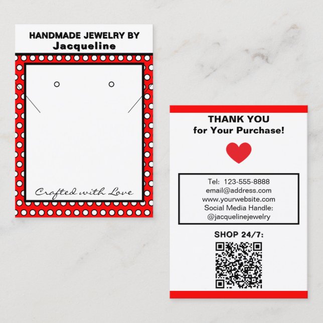 Carte De Visite Handmade Necklace Earrings Red White Polka Dots (Devant / Derrière)
