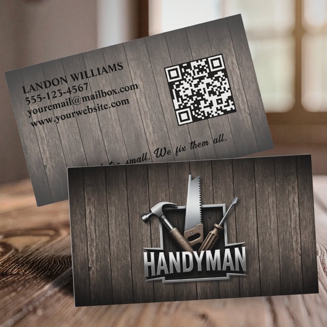 Carte De Visite Handyman Maintenance Repair Service Wood QR Code (Créateur téléchargé)