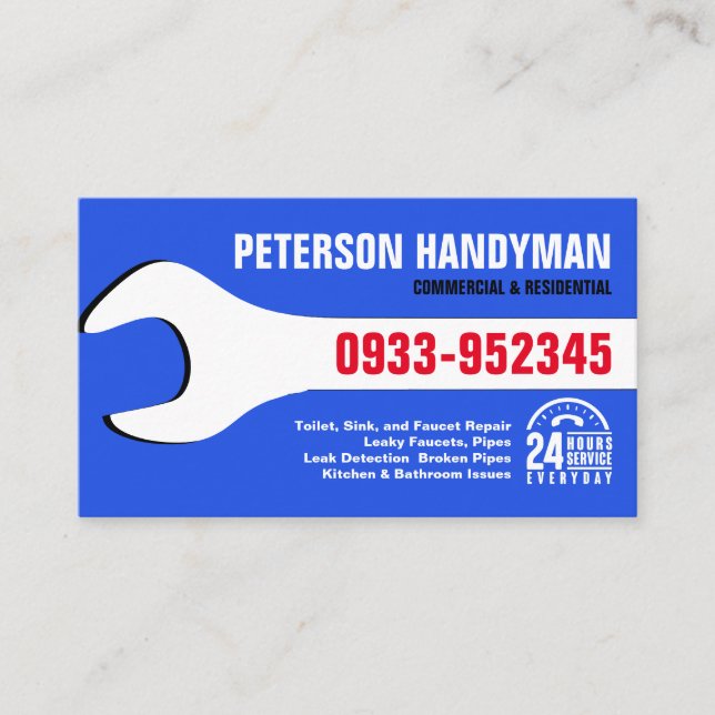 CARTE DE VISITE HANDYMAN PLUMBING 24 HEURES D'URGENCE OUTIL WRENCH (Devant)